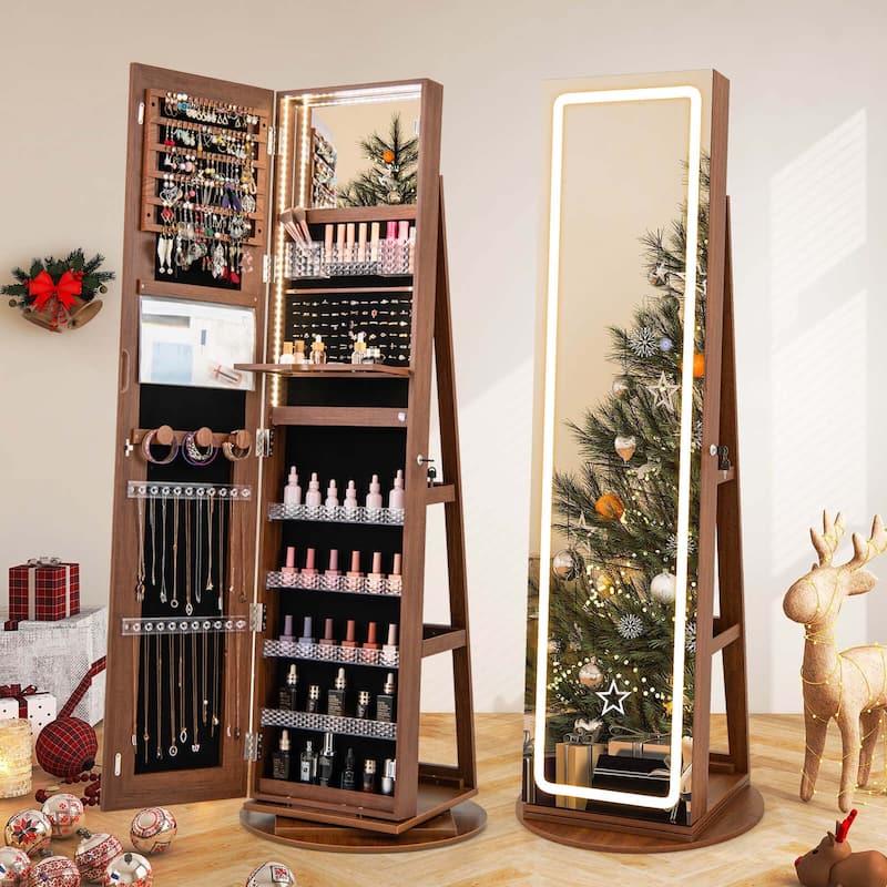 Costway 360° Swivel Jewelry Cabinet Organizer 3-Color LED Mirror with - See Details