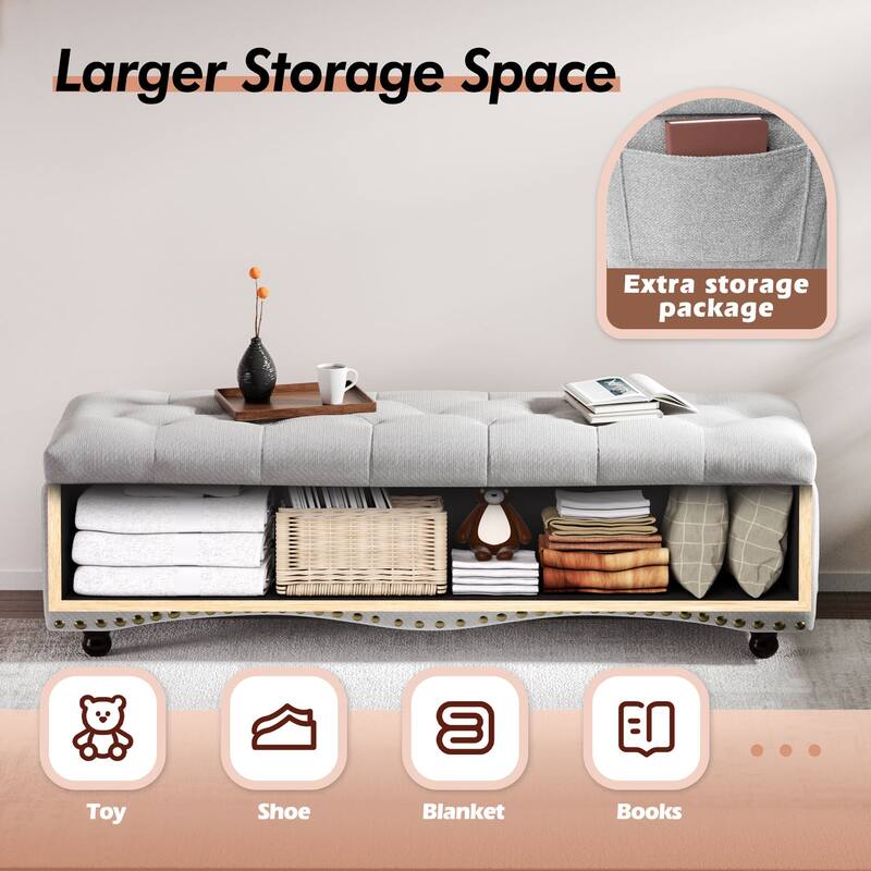 48.5" Tufted Storage Ottoman Bench with Nailhead Trims & 2 Large Side Pockets for Bedroom, Living Room, Entryway