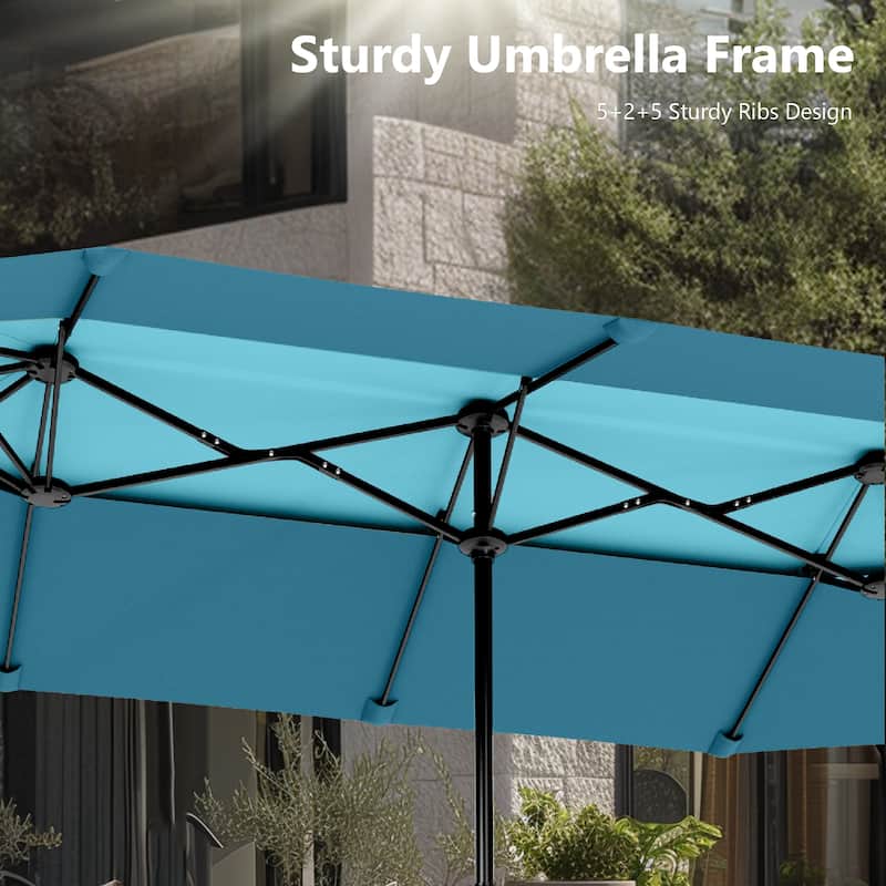 MAISON ARTS 13ft Double-Sided Outdoor Umbrella, 2-Tier Vented Market Umbrella with Colored Lights and Base