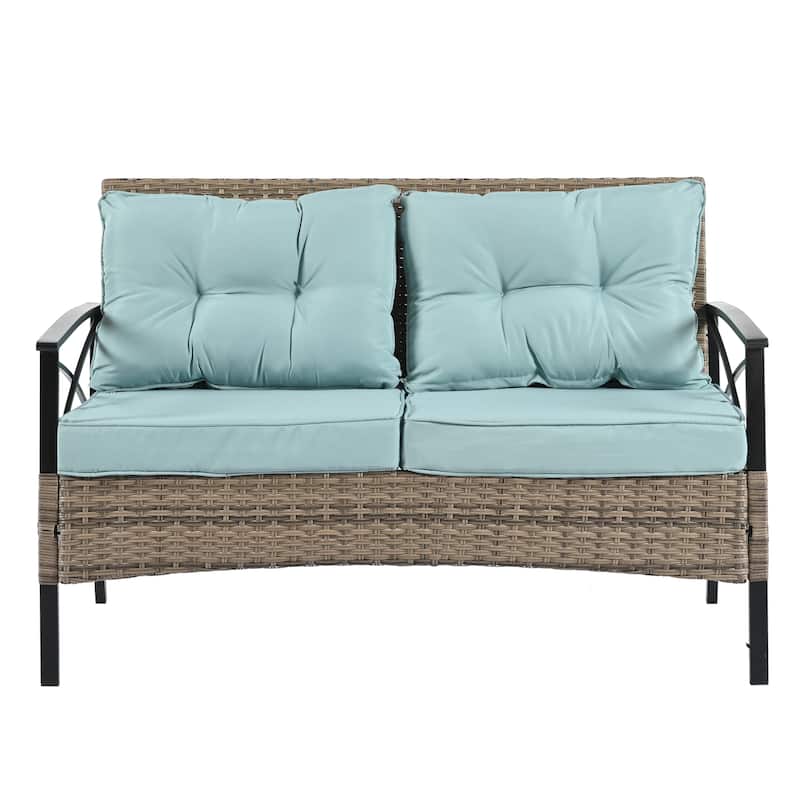 4 PC Outdoor Patio Seasonal PE Wicker Furniture Set w/ Black Metal Table Conversation Set for Lawn, Garden, Backyard
