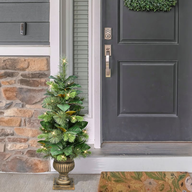 Puleo International 3 ft. Pre-Lit Potted Magnolia Leaf Artificial Tree