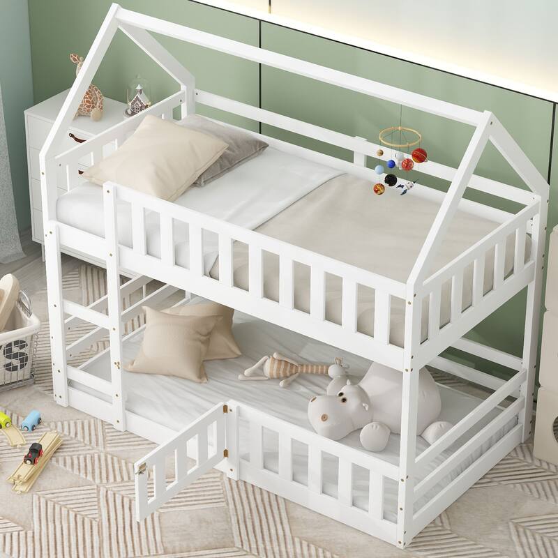 Twin Pine House Bunk Bed with Fence, Guardrail, and Door