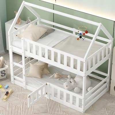 Twin over Twin House Bunk Bed with Safety Rails, Ladder, Fence & Door