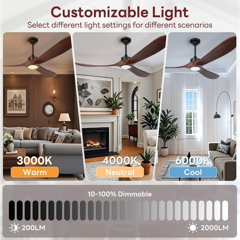 Indoor/Outdoor Ceiling Fan with Remote Control, 3-Blades Solid Wood Ceiling Fan for Bedroom Living Room