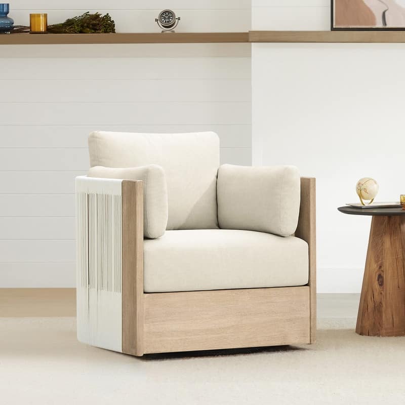 Khloe Modern Swivel Woven Accent Chair with Arm Pillows & Solid Wood Frame for Living Room - Single - Beige