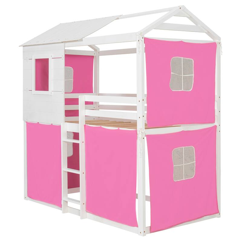 Roomfitters Twin Over Twin House Bunk Bed with Tent and Window, Playhouse Design