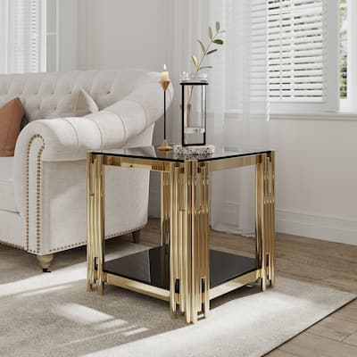 20" Wide Square End Table with Black Glass Top, Golden Stainless Steel Tempered Glass End Table for Living Room&Bed Room