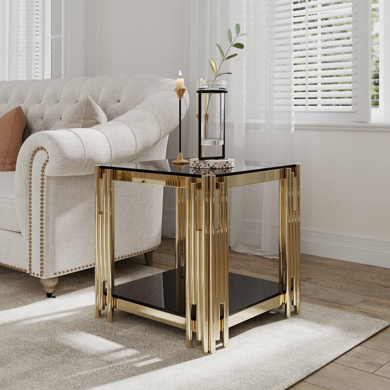 20" Wide Square End Table with Black Glass Top, Golden Stainless Steel Tempered Glass End Table - Gold&Black
