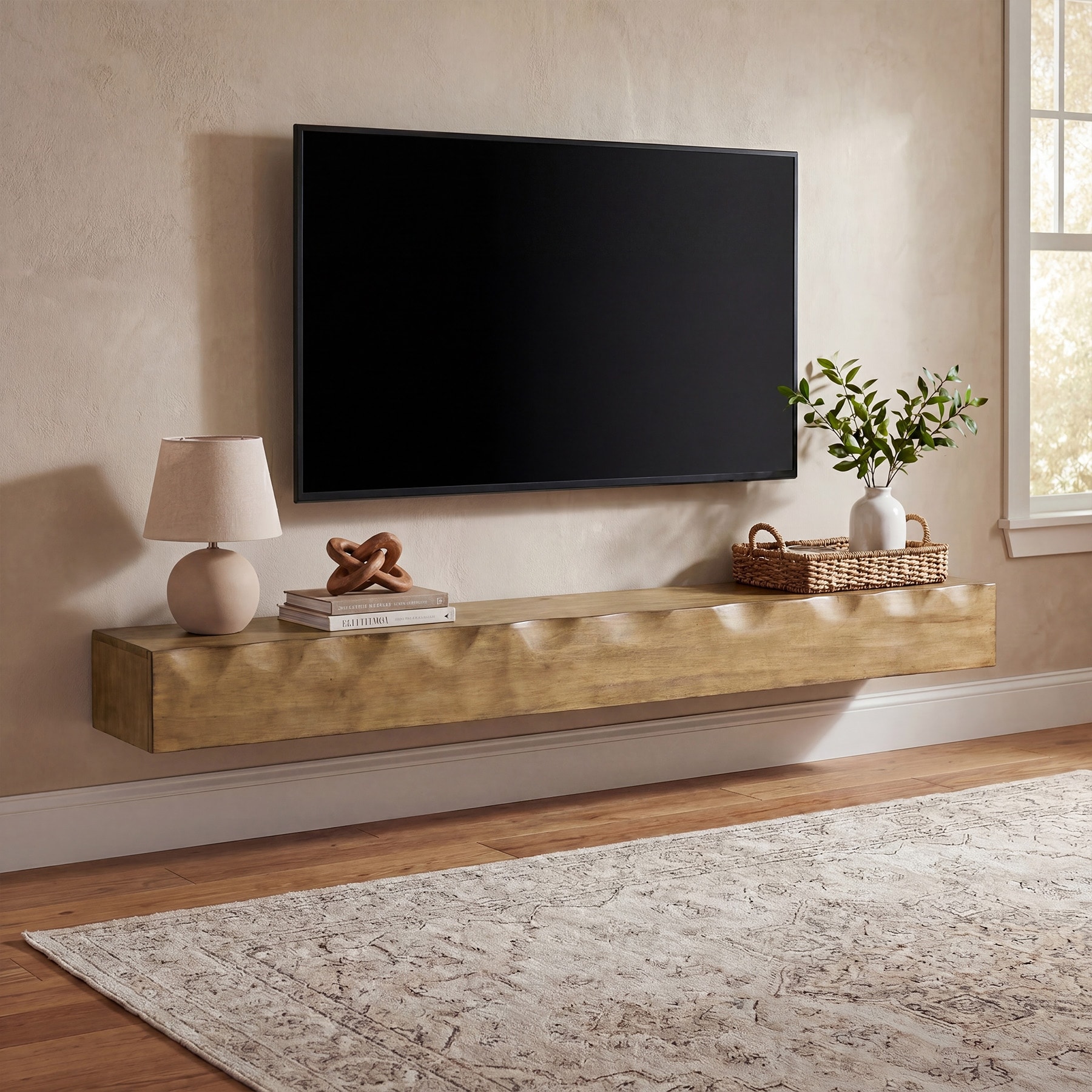 63 Inch Solid Wood Floating TV Stand, Wall Mounted TV Console