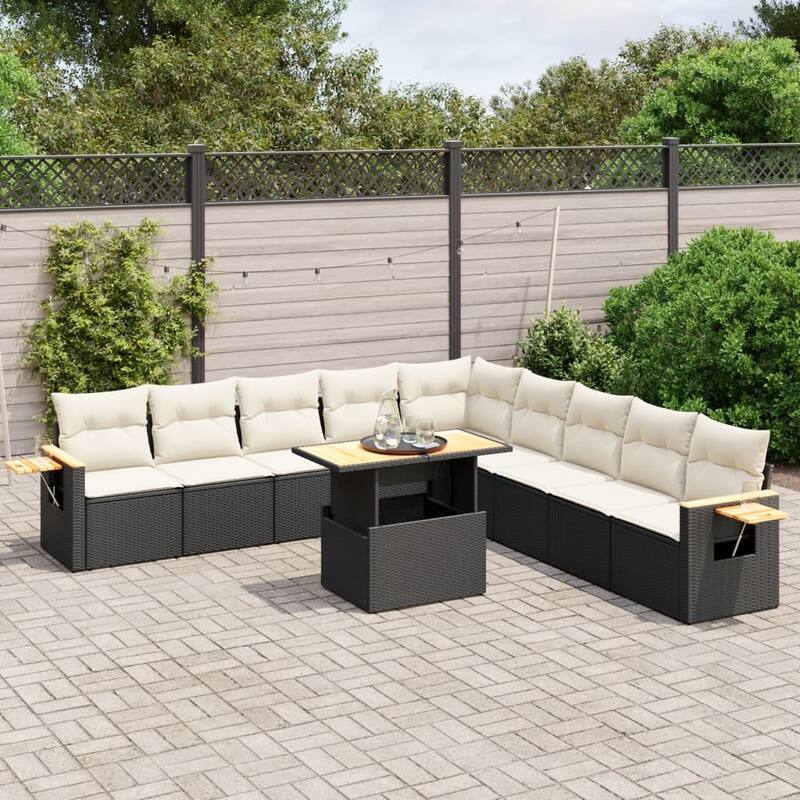 vidaXL Patio Sofa Set with Cushions Outdoor Furniture 11 Piece Poly Rattan - 21.7 x 39.4 x 28.7 in - Black and cream