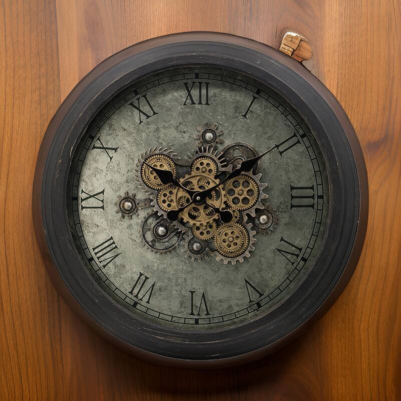 28 Inch Wall Clock, Round Vintage Gear Design, Gold and Dark Brown Finish