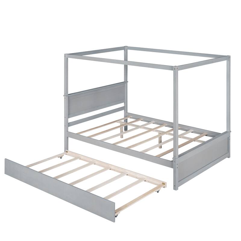 Modern Full Canopy Bed with Trundle, Solid Wood Frame, and Customizable Curtain Rails