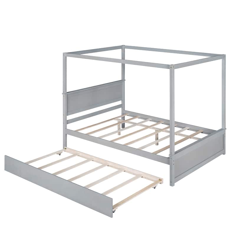 Wood Canopy Platform Bed with Trundle Bed