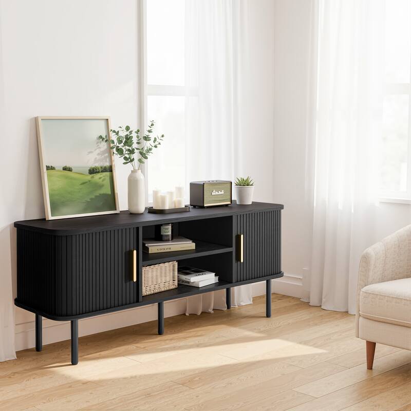 Mid-Century Modern Media Console, Tambour TV Stand with Storage Cabinet and Shelf