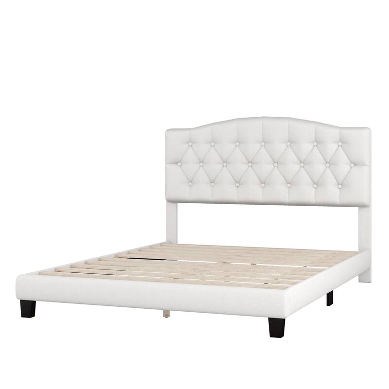 Roomfitters Full/Queen/King Size Upholstered Platform Bed with Saddle Curved Headboard and Diamond Tufted Details, Beige