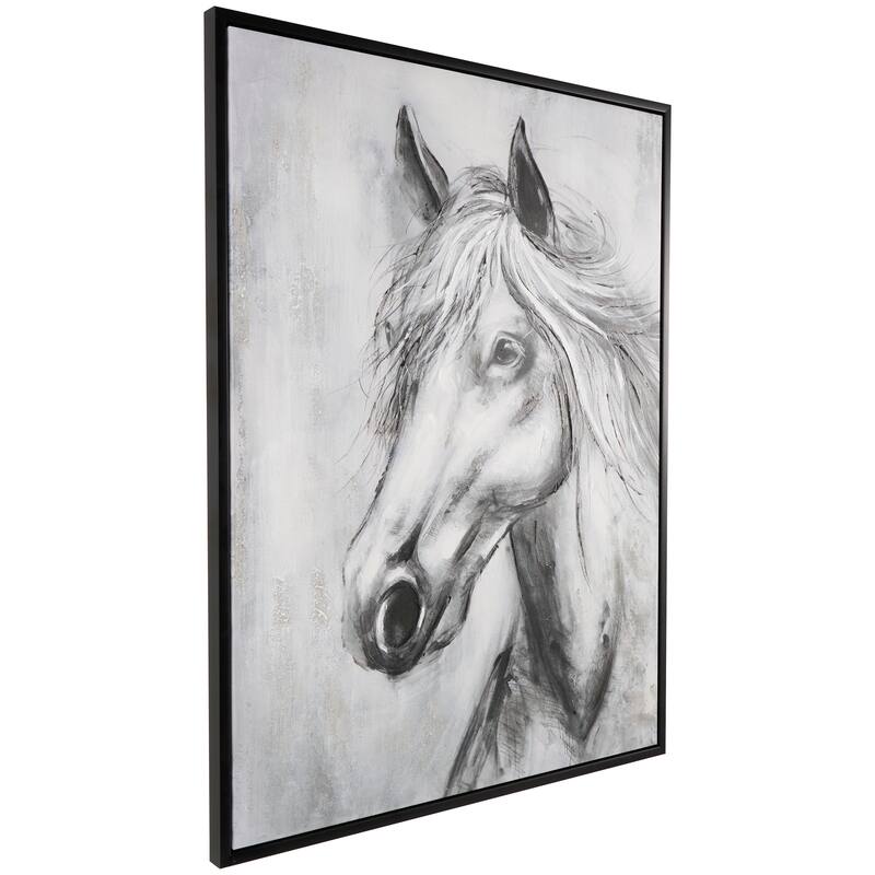 Black Canvas Hand Drawn Inspired Shaded Horse Framed Wall Art with White Background