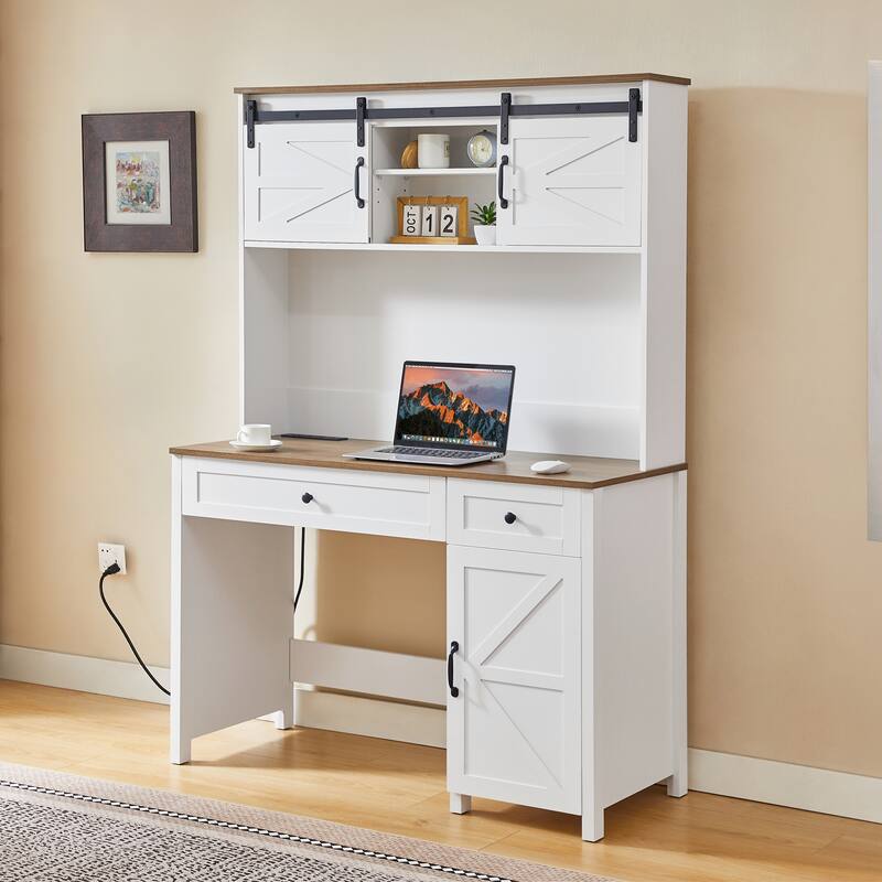 47" Farmhouse Executive Desk with Drawers, Wood Home Office Desk w/Charging Station, File Drawer, Storage Cabinet