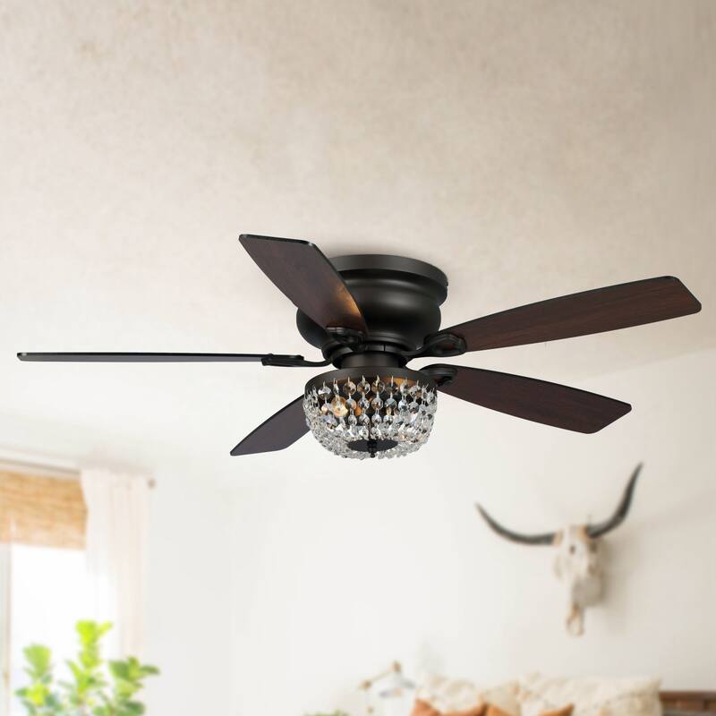 48" Bronze Wooden 5-Blade Crystal Flush Mount Ceiling Fan with Remote