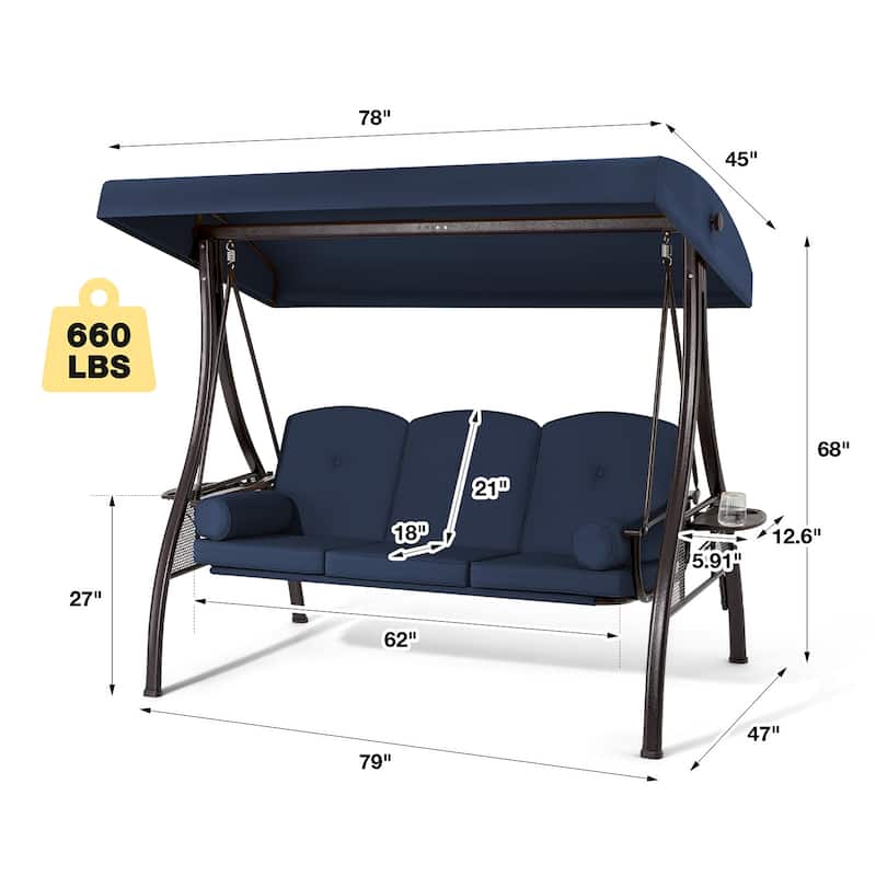 3-Seat Patio Swing with Adjustable Canopy, 750lbs Heavy Duty, Convertible Outdoor Bed, All-Weather, Cup Holders & Thick Cushions