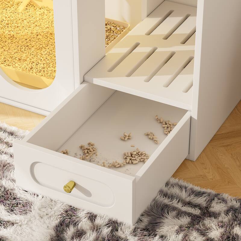 Cat Litter Box Enclosure with LED Light, Hidden Litter Box Furniture with Storage Drawers, Indoor Pet House with Acrylic Doors