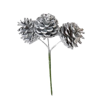 3" Silver Pine Cone Pick x3, Set of 12 - 8