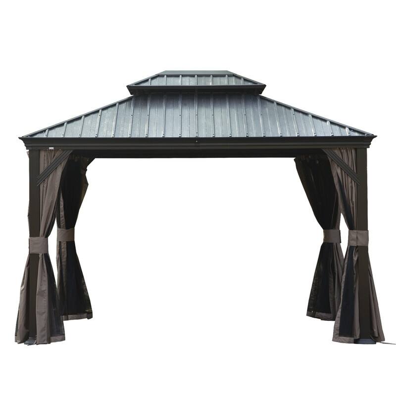 Domi Hardtop Gazebo with Galvanized Steel Double Roof and Aluminum Frame - 10'x12' - Dark Brown