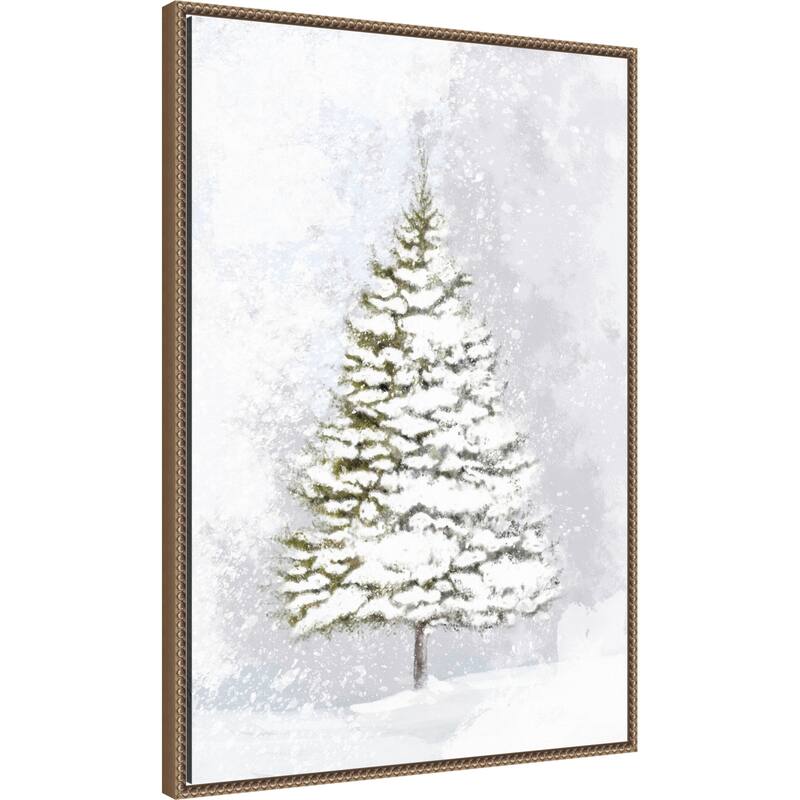 Lone fir in the snow by Rosana Laiz Blursbyai Framed Canvas Wall Art Print - Sylvie Beaded Dark Gold