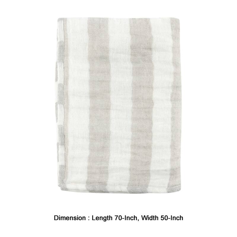 50 Inch Soft Linen Throw Blanket, Woven Wide Striped Pattern, White, Gray