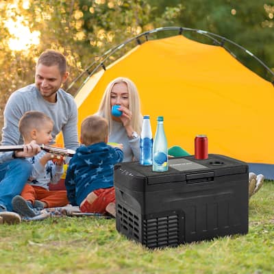Black Portable Car Refrigerator with Adjustable Temp, LED and Cup Holders