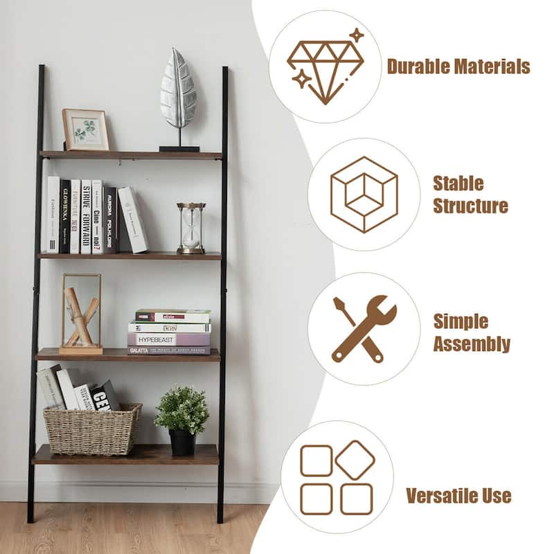 Gymax Industrial Ladder Shelf 4-Tier Leaning Wall Bookcase Plant Stand - See Details