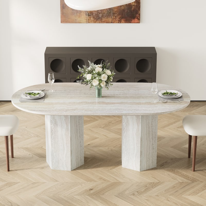 71" Modern Oval Wood Dining Table For 6 With Travertine Texture, Beige Kitchen Table With Bouble Pedestal