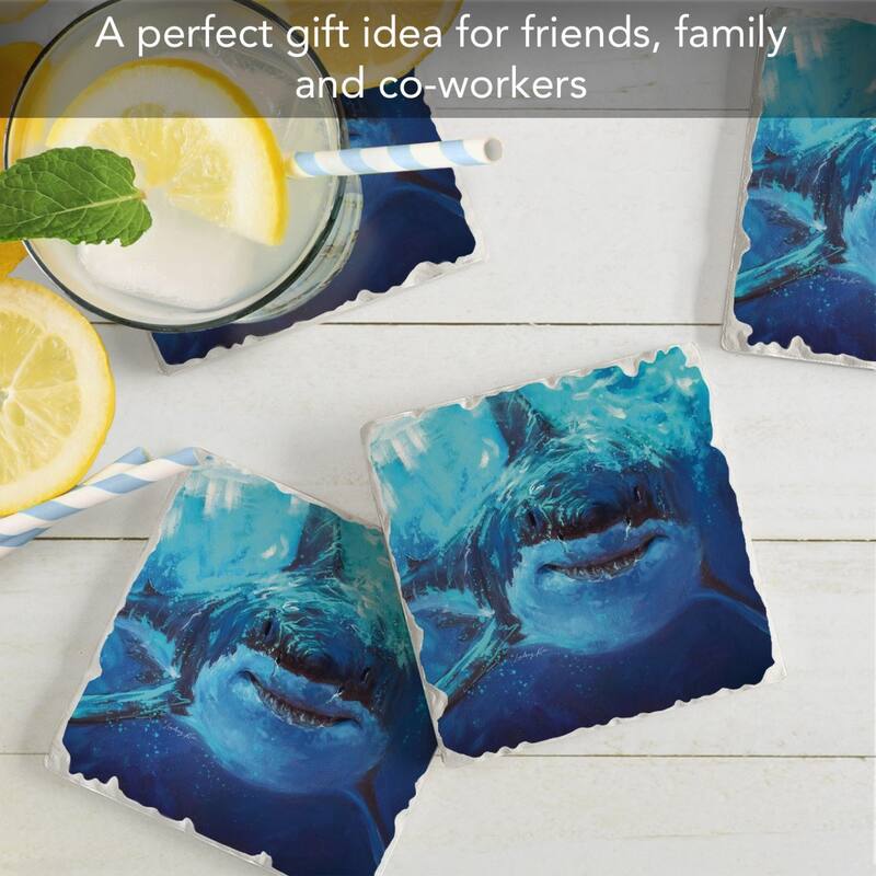 Deep Blue Shark Home 4-Pack Absorbent Stone Coasters with Protective Cork Backing 4" Square Made in The USA Easily Wipes Clean