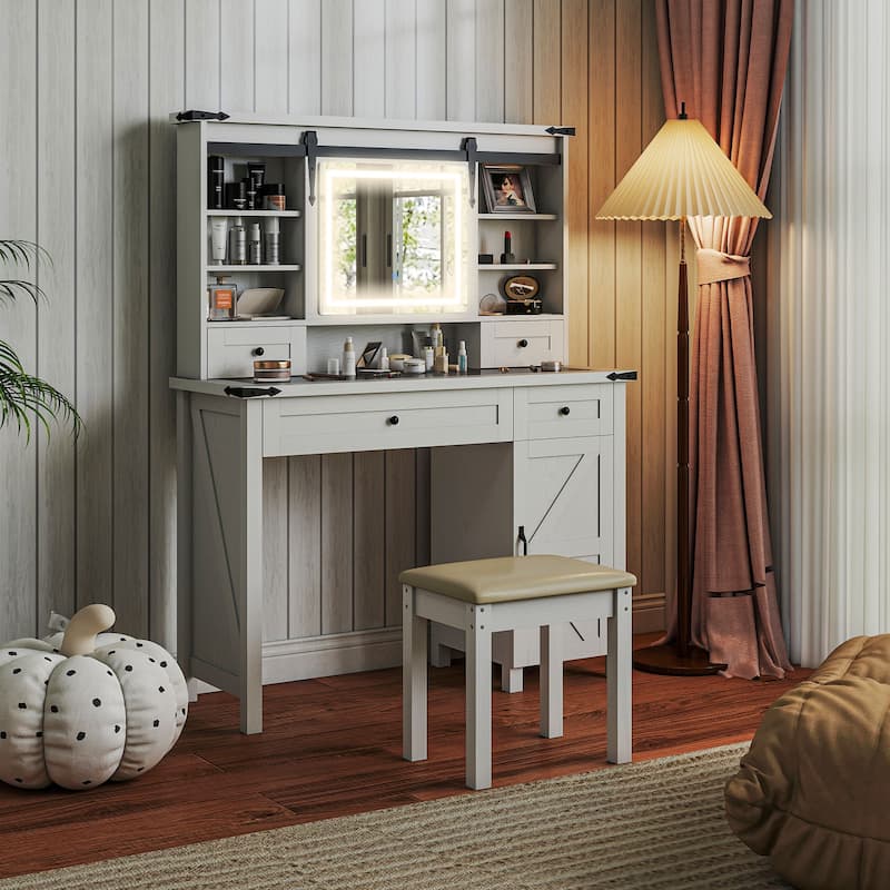 HOMCOM Vanity Desk with Mirror and Lights, 42" Glass Top Makeup Vanity Table Set with 3 Color Lighting, Shelves for Bedroom - White - California King