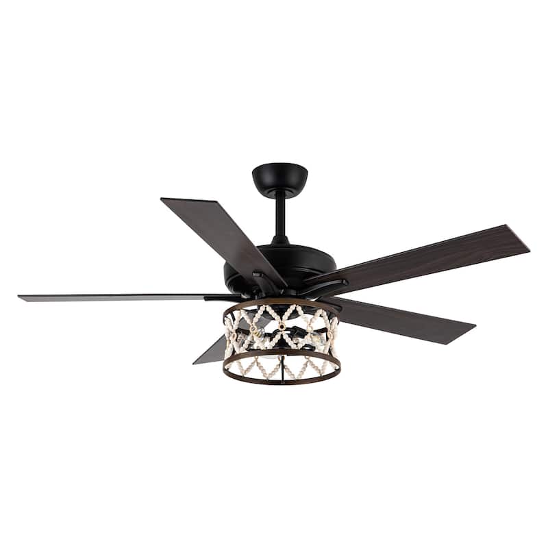 52" Farmhouse Wood Beaded Black Caged Ceiling Fan with Light and Remote