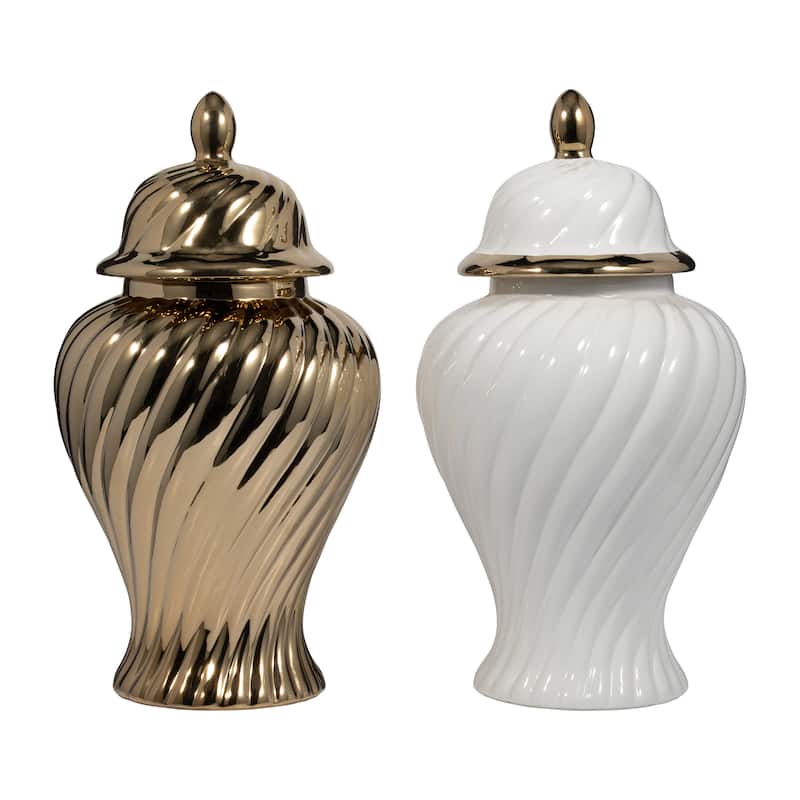Sagebrook Home Ceramic 20" Swirl Temple Jar, White/Gold, Cylinder, 20"H, Swirl - 11" x 11" x 20"