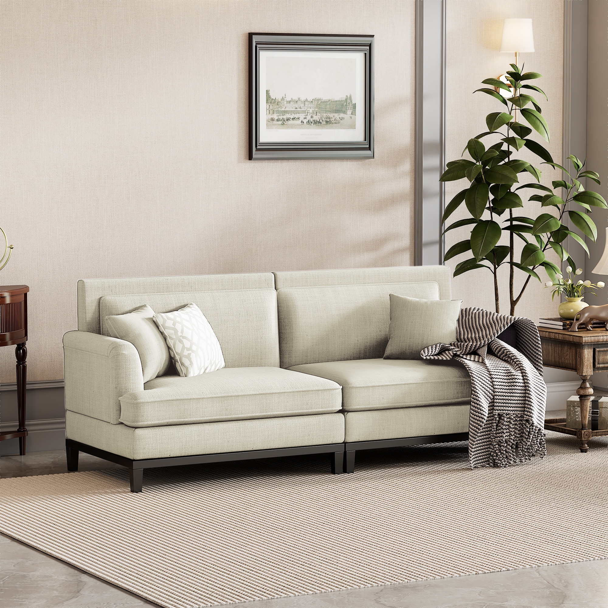 Upholstered Country Style Sofa with Wooden Legs and Two Throw Pillows