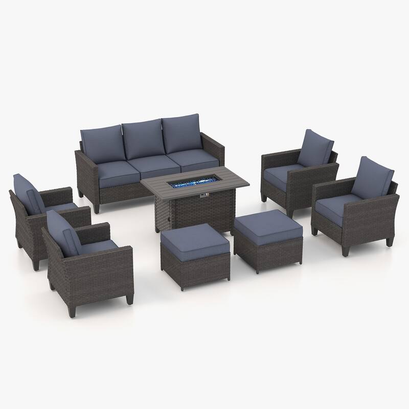 Patio 8-piece Wicker Sectional Sofa Set with Fire Pit