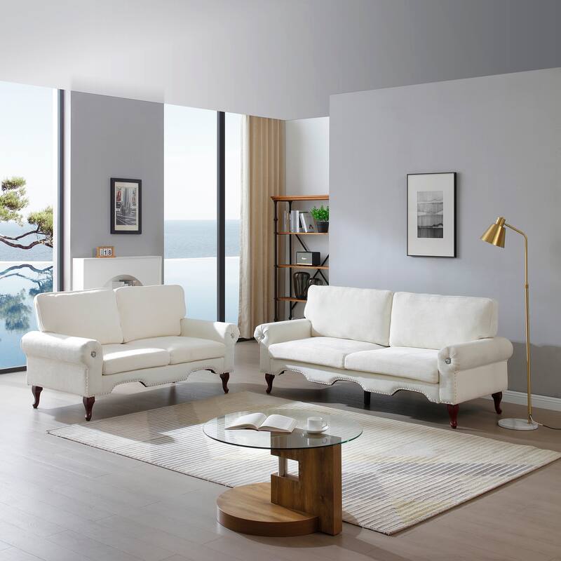 Linen 5-Seater Sectional Sofa Set with Chesterfield Design - Beige