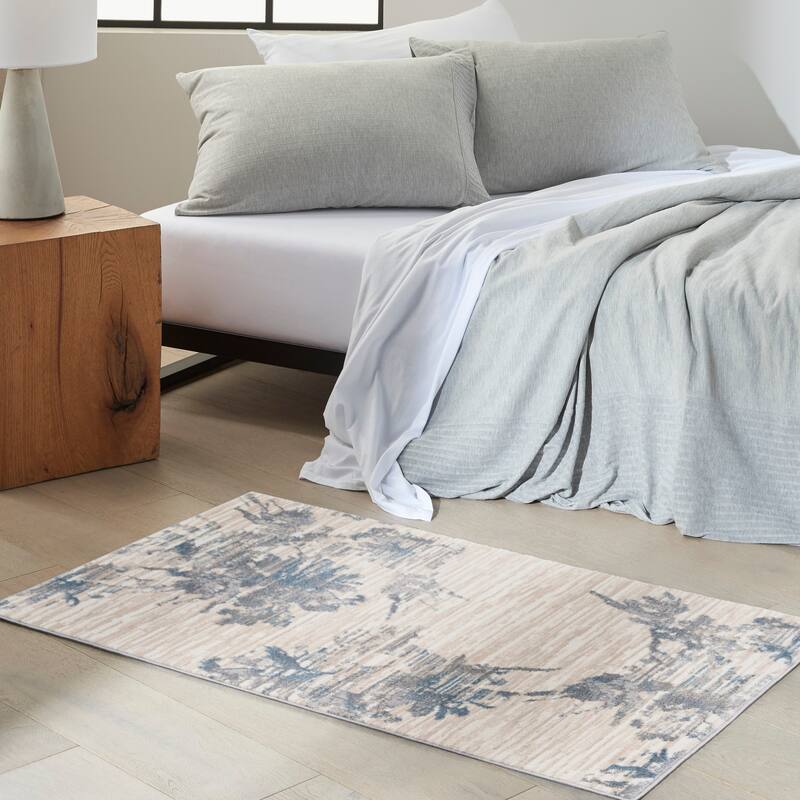 Calvin Klein Enchanting Botanical Floral Abstract Area Rug - 3' 2" x 5' - Ivory/Grey/Blue - Rectangle