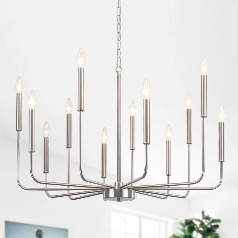 12-Light Rustic Candle Style Hanging Linear Chandelier Lighting for Kitchen Island - Nickel