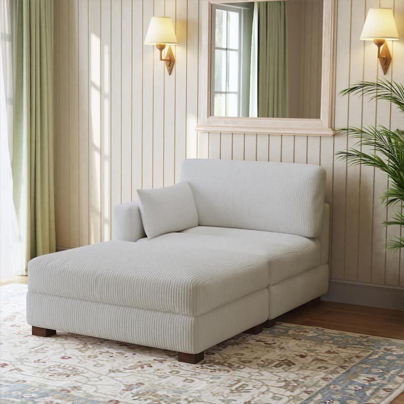 Modern Corduroy Upholstered Sectional Chaise Lounge with Ottoman - SEA SALT GREY-Left Facing - Left Facing