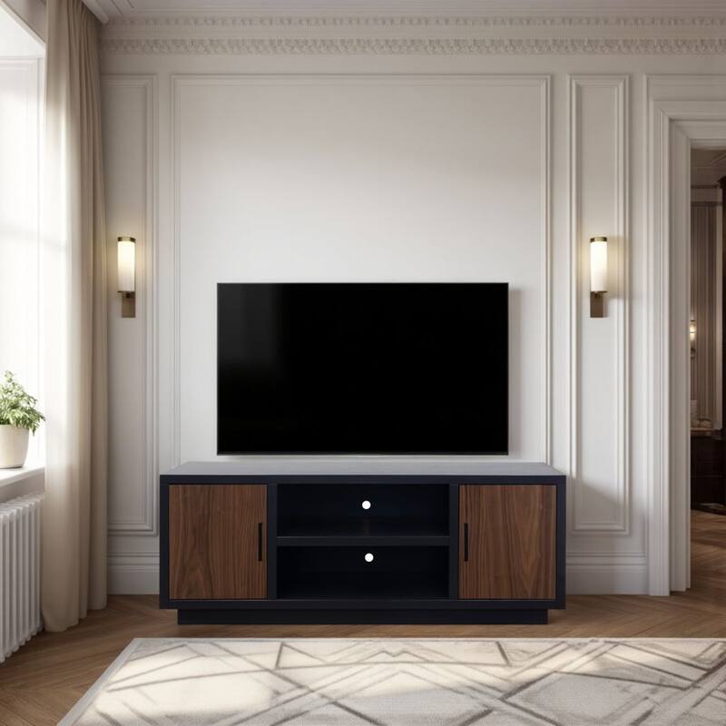 Aria 66 inch TV Stand for TVs up to 80 inches, No Assembly Required, Black and Walnut Finish