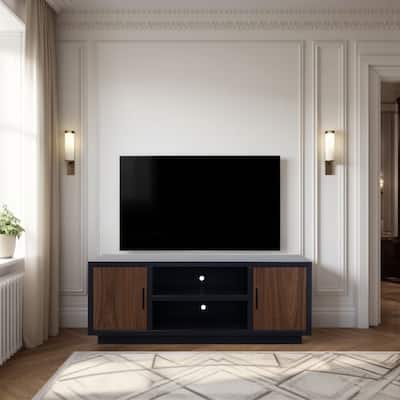 Aria 66 inch TV Stand for TVs up to 80 inches, No Assembly Required, Black and Walnut Finish