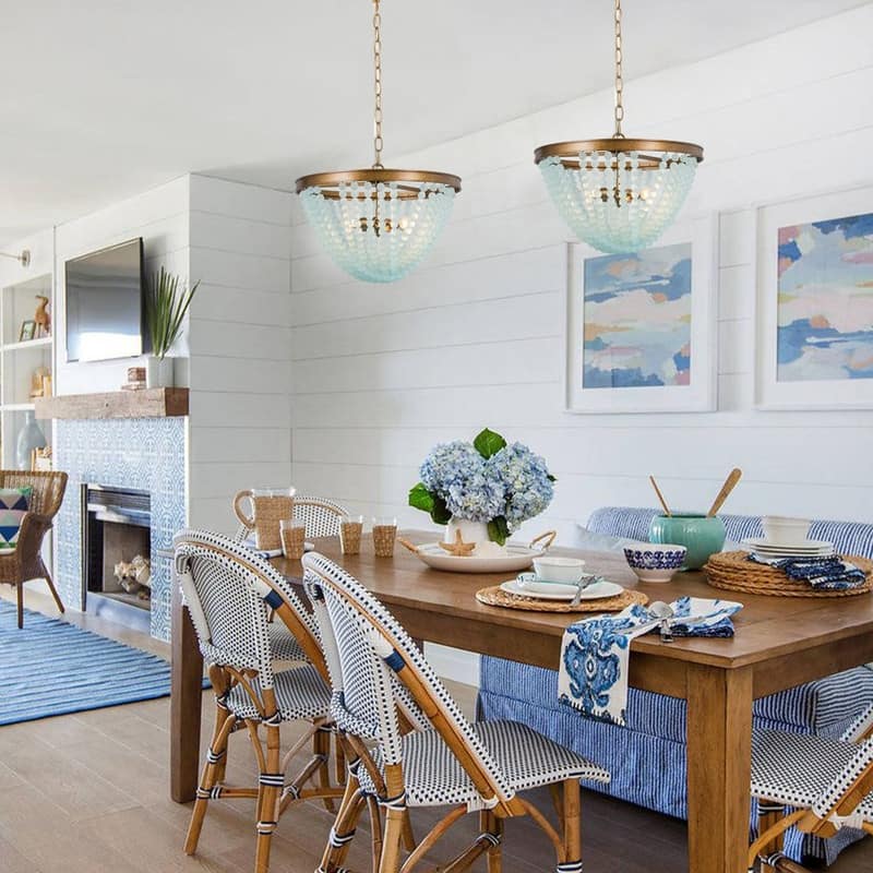 Coastal Beach 3-light Beads Chandelier Mid-century Modern Boho Blue White Pendant Lights - D15.7"*H11.5"