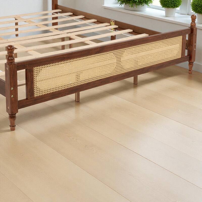 Queen/King Size Pine Wood Bed with Rattan Headboard and Footboard, Solid Frame with Central Support and Under-Bed Storage