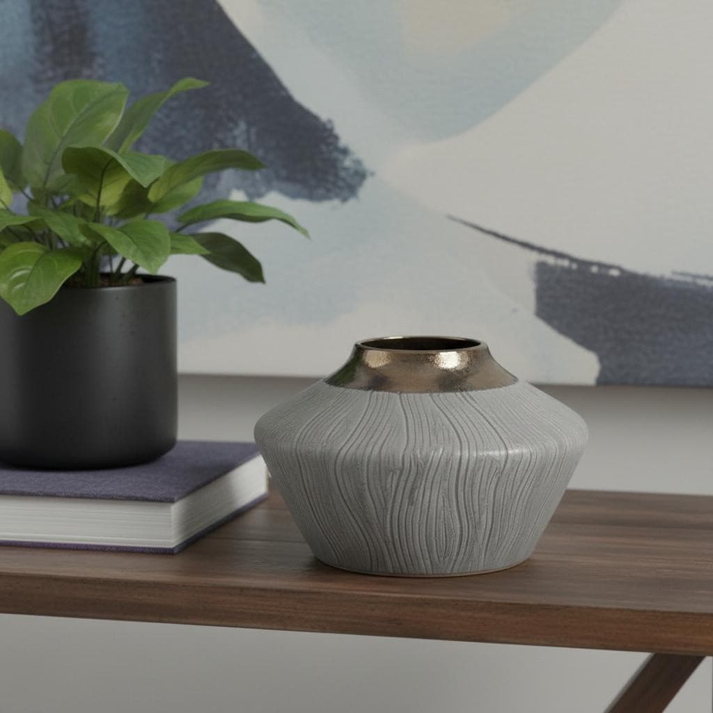 7" Bronze And Gray Ceramic Round Table Vase - 11.00