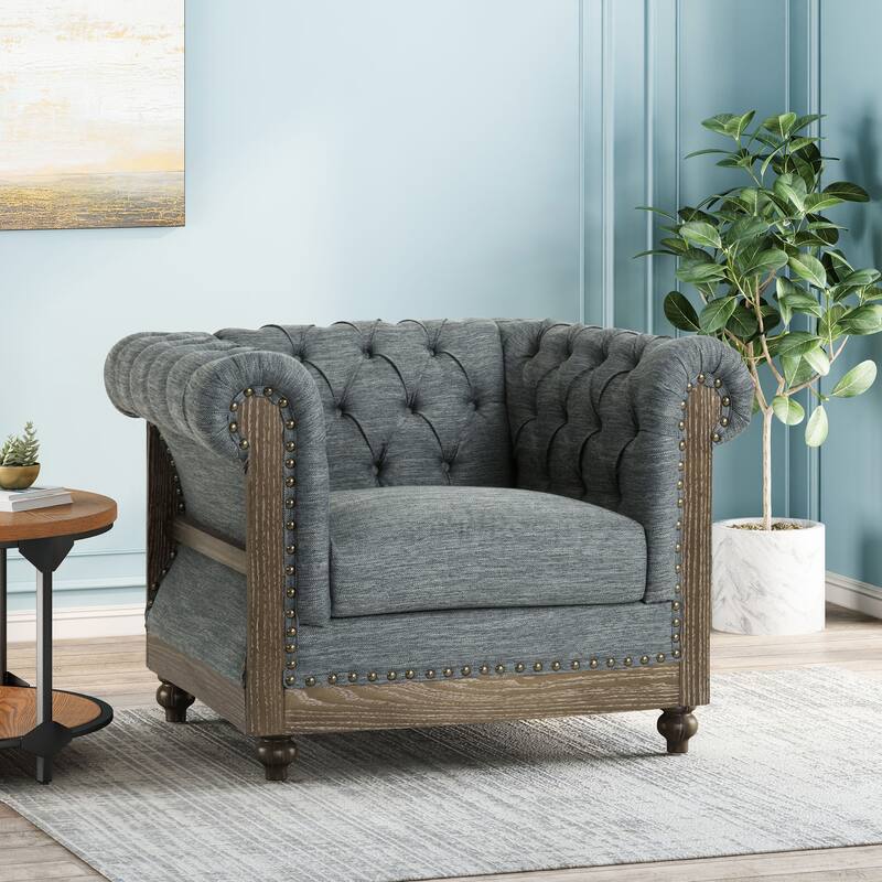 Modern 39" Upholstered Button Tufted Club Chair with Birch Wood Frame and Nailheads - Charcoal
