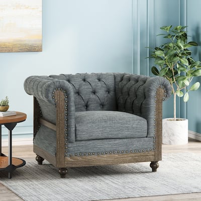 Roomfitters Tufted Barrel Armchair with Wood Trim, Nailhead Accents and Rolled Back for Living Room or Office, Charcoal
