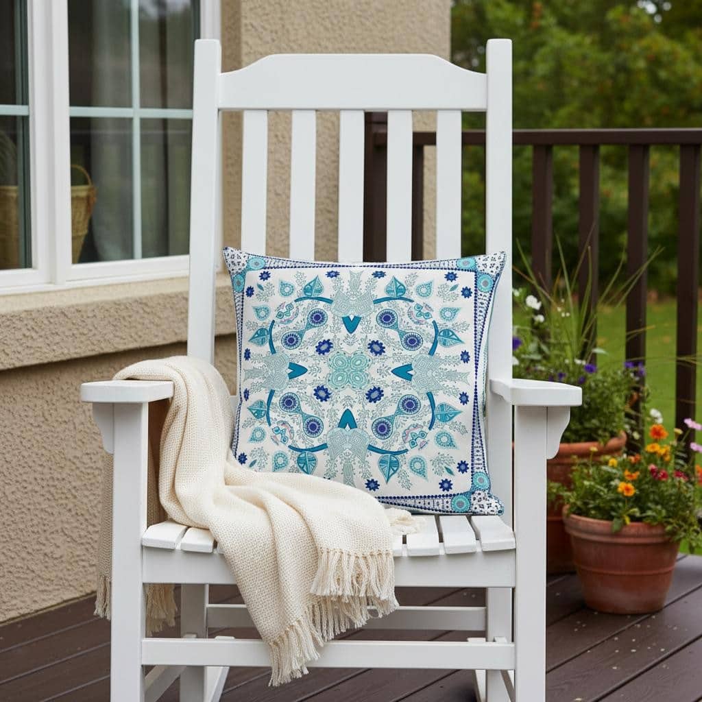 HomeRoots 26" x 26" Blue and White Blown Seam Paisley Indoor Outdoor Throw Pillow - 26.00' X '5.00' X '26.00