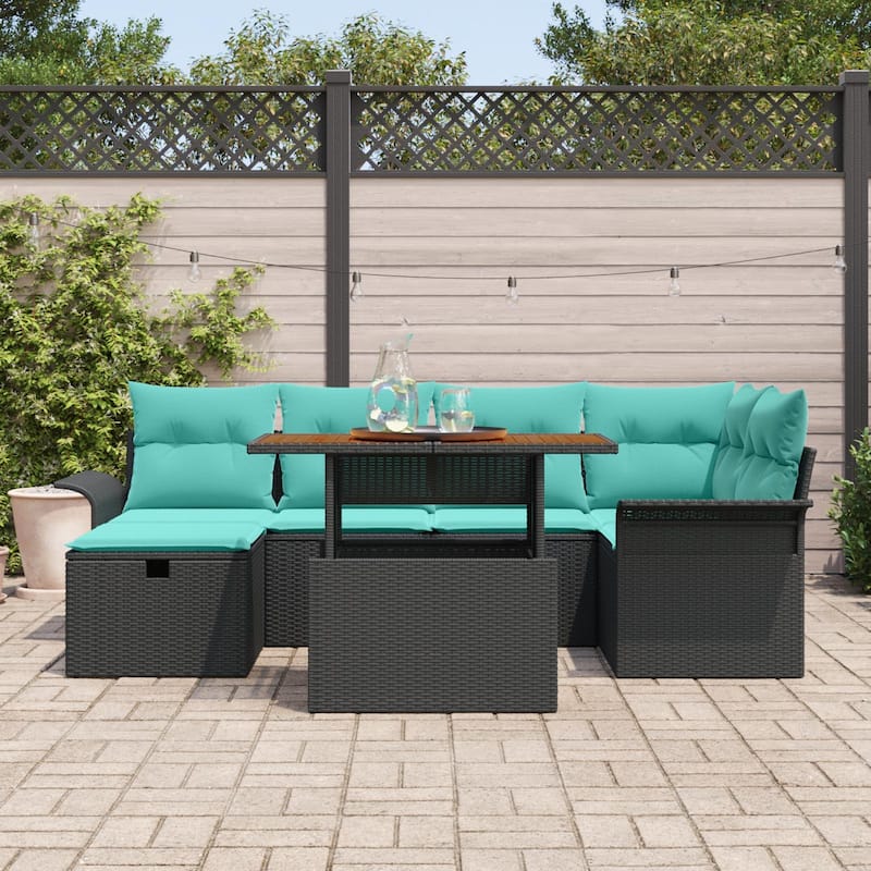 vidaXL 7 Garden Sofa Set with Cushions Black/Grey Poly Rattan - 95.5 x 52.2 x 27.2